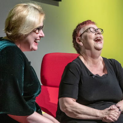 Alex Clark & Jo Brand laughing
