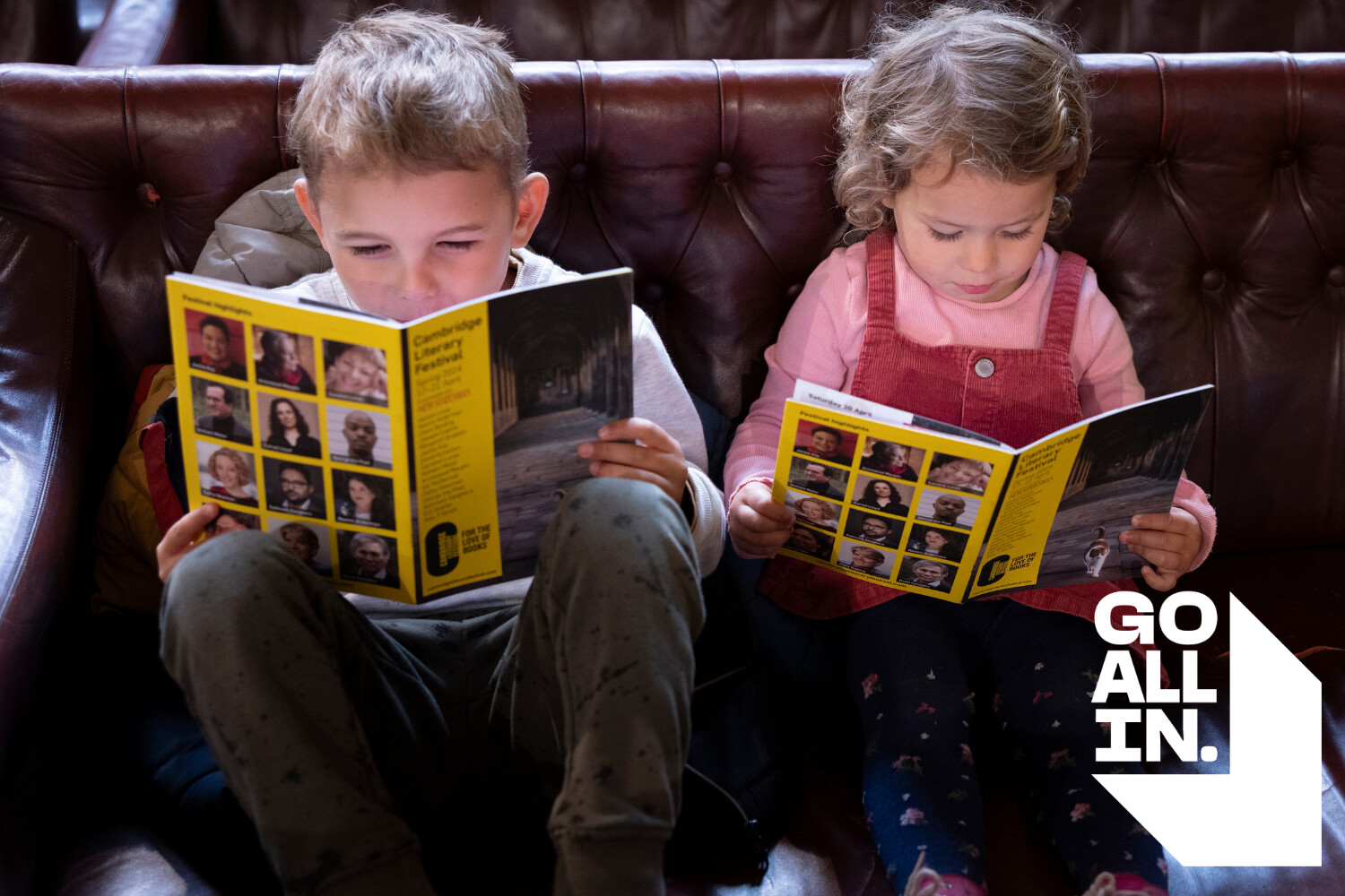 Children reading with Go All In logo in bottom corner