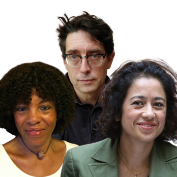 Collage image of authors Margaret Busby, Sam Leith, and Samira Ahmed