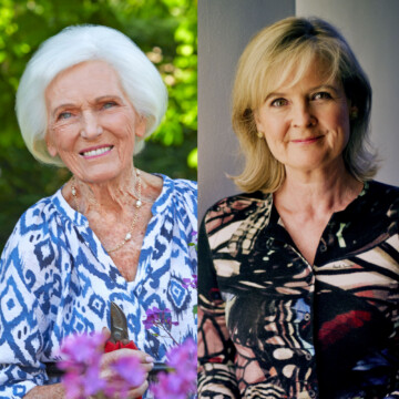 Two photos side by side, one of Mary Berry in a garden surrounded by flowers, one of Martha Kearney