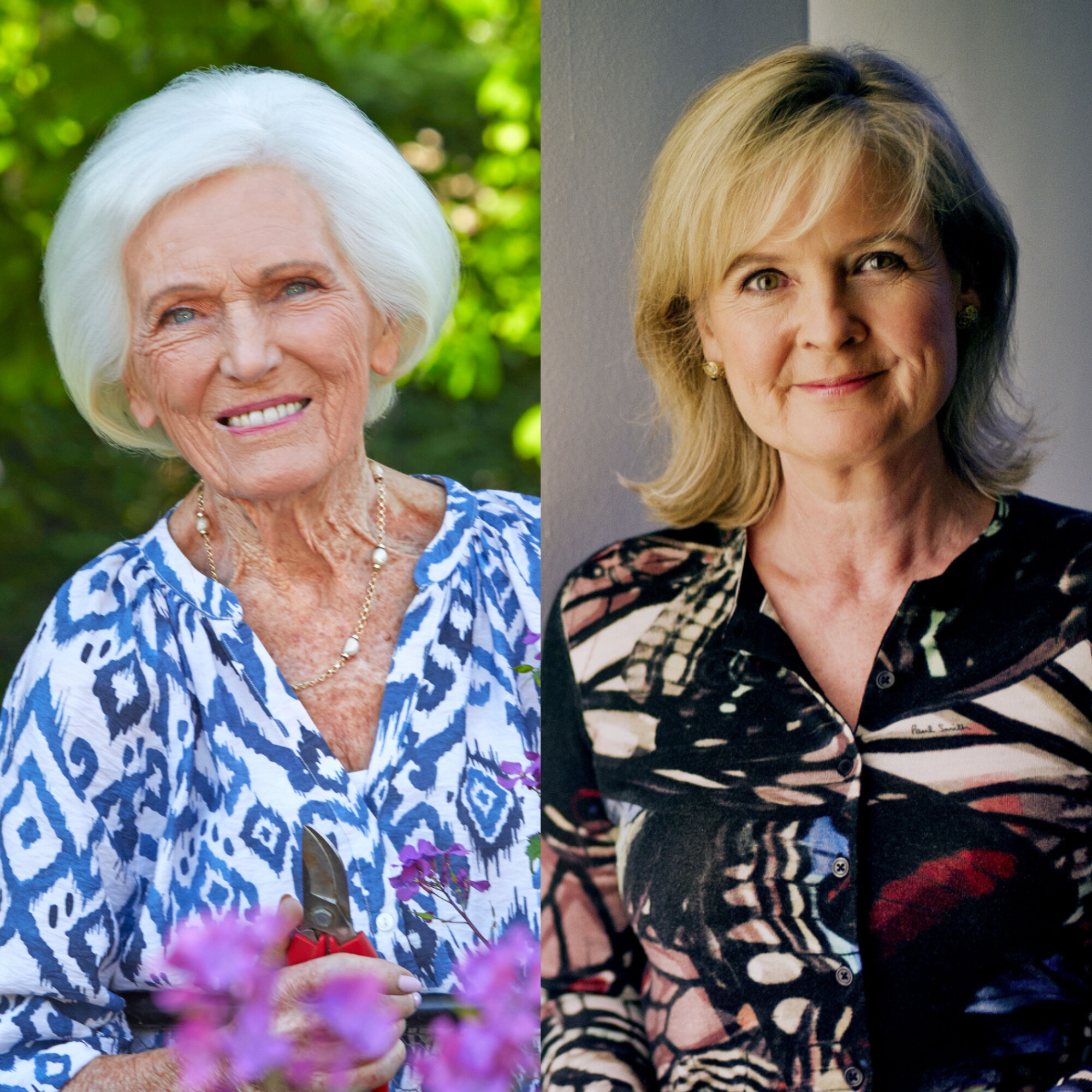 Two photos side by side, one of Mary Berry in a garden surrounded by flowers, one of Martha Kearney