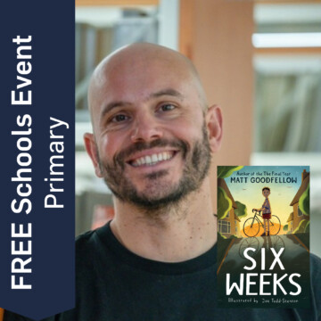 Photo pf author Mark Goodfellow alongside the cover of his book Six Weeks