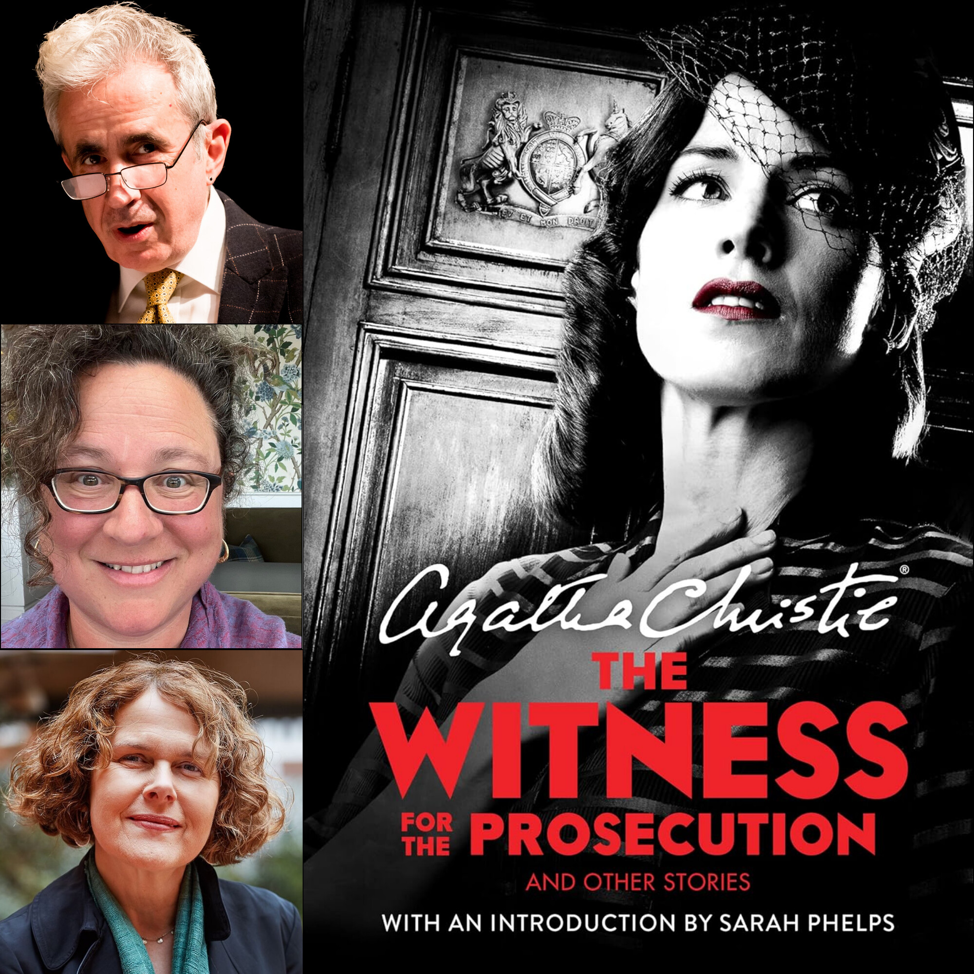 A book cover image in black and white with red text for Agatha Christie's The Witness and the Prosecution book, along with images of three speakers for the event.