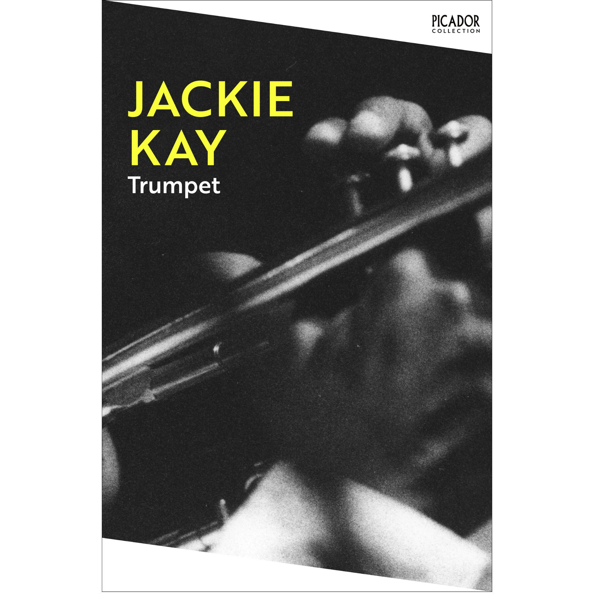A book cover with a black and white close-up of hands playing the trumpet.