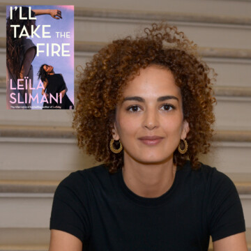 A brown-skinned Moroccan woman with tight curls smiles at the camera. She wears a black t-shirt and gold earrings. A book cover with two women against the backdrop of a purple sky features in the top left corner of the image.