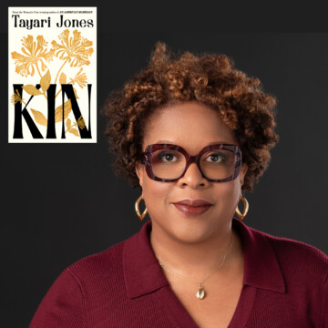 A brown-skinned woman with short curly hair, wearing a burgundy collared top, dark glasses, and gold earrings. The book cover for Kin by Tayari Jones sits in the top left corner of the image. It is a white book cover with gold flowers and leaves and black writing.