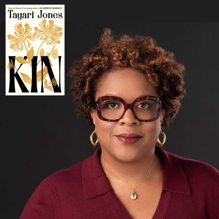 A brown-skinned woman with short curly hair, wearing a burgundy collared top, dark glasses, and gold earrings. The book cover for Kin by Tayari Jones sits in the top left corner of the image. It is a white book cover with gold flowers and leaves and black writing.