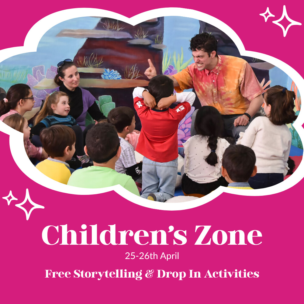 A bright pink image with a photograph of a storyteller animatedly speaking to a group of children. White text that says Children's Zone and Free Storytelling and Craft activities