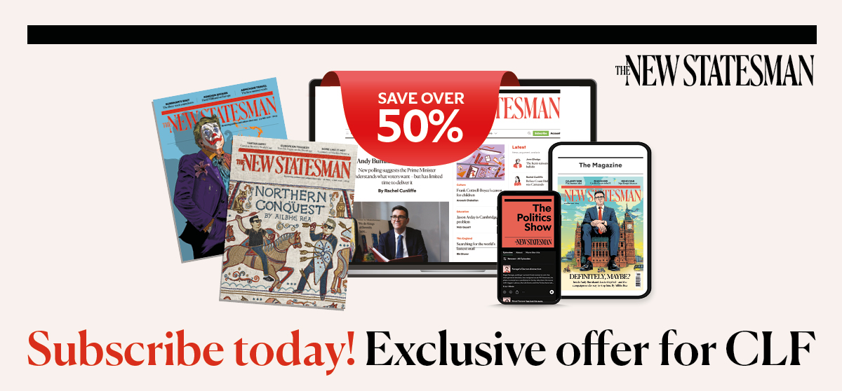 An image with various New Statesman magazine covers and images showing on digital screens. Text reads: Subscribe today! Exclusive offer for CLF.