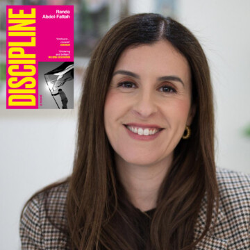 A woman with long dark hair wearing a houndstooth blazer is smiling at the camera. A pink and yellow book called Discipline is in the top left corner of the image.