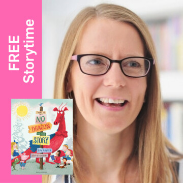 A white woman with long blonde hair and black framed glasses is smiling at something off-camera. The cover of a book with a dragon on is featured, along with a pink banner with the words 'Free Storytime'.